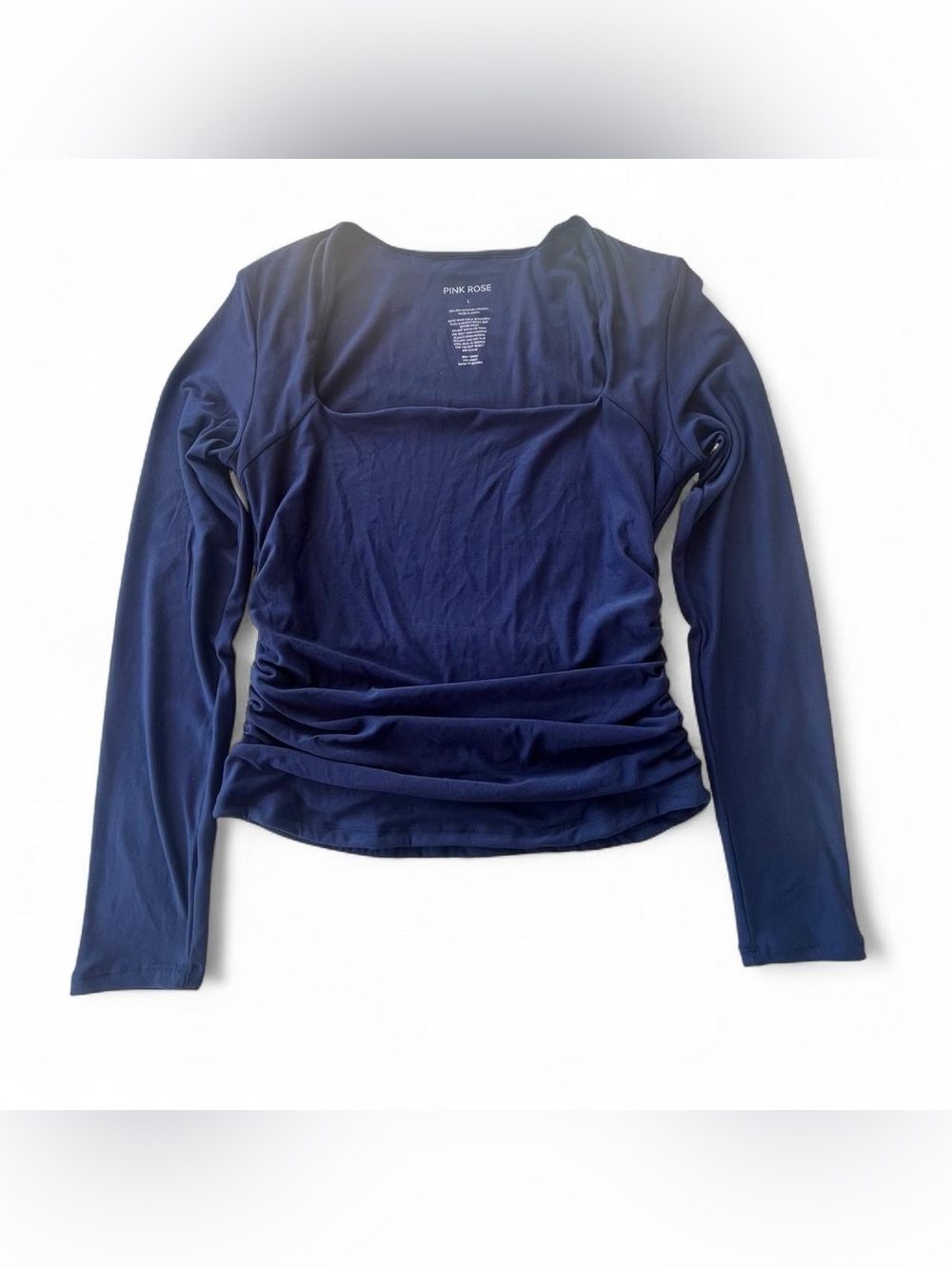 Pink Rose Navy Blue Ruched Square Neck Top | Long Sleeve Women’s Size L